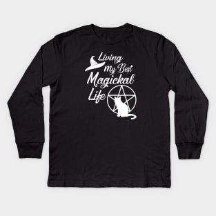 Living My Best Magickal Life Cheeky Witch Cat and Pentacle Kids Long Sleeve T-Shirt